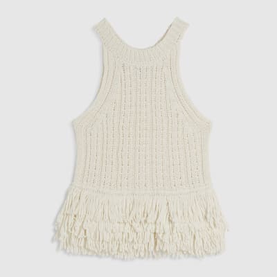 Cream Knitted Fringe Trim Vest Top