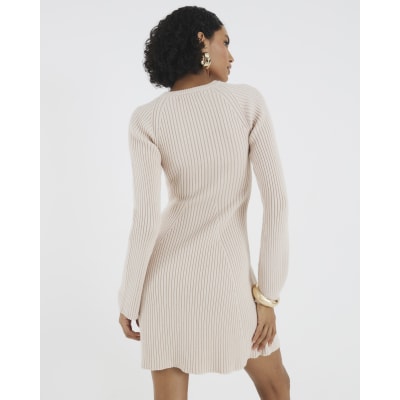 Cream Knitted Long Sleeve Mini Dress