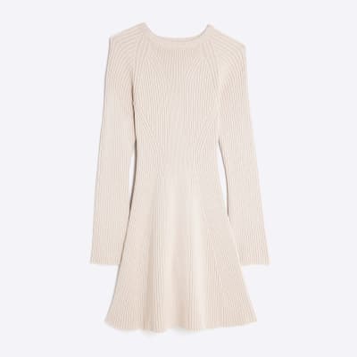 Cream Knitted Long Sleeve Mini Dress