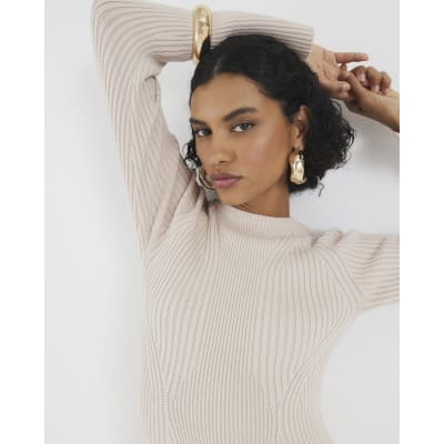 Cream Knitted Long Sleeve Mini Dress