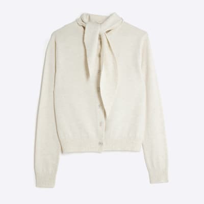 Cream Knitted Scarf Neck Cardigan