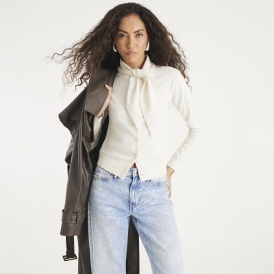 Cream Knitted Scarf Neck Cardigan