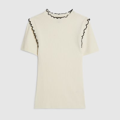 Cream Knitted Short Sleeve Frill Top