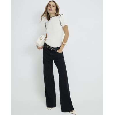 Cream Knitted Short Sleeve Frill Top