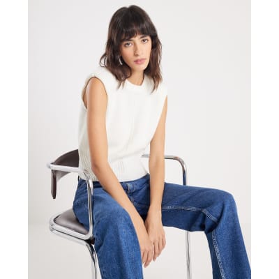 Cream Knitted Structured Shoulder Tank Top