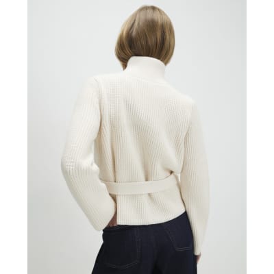 Cream Knitted Tie Waist Ribbed Cardigan