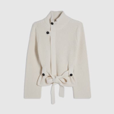 Cream Knitted Tie Waist Ribbed Cardigan