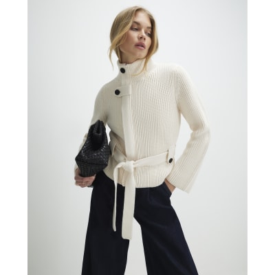Cream Knitted Tie Waist Ribbed Cardigan