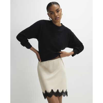 Cream Lace Trim Satin Mini Skirt