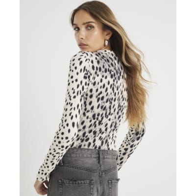 Cream leopard Print Long Sleeve Ribbed Top