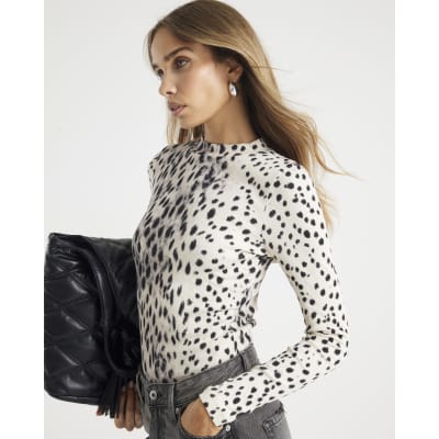 Cream leopard Print Long Sleeve Ribbed Top