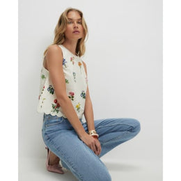 Cream Linen Blend Floral Print Tank Top