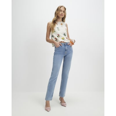 Cream Linen Blend Floral Print Tank Top