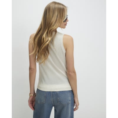 Cream Linen Blend Knitted Vest Top