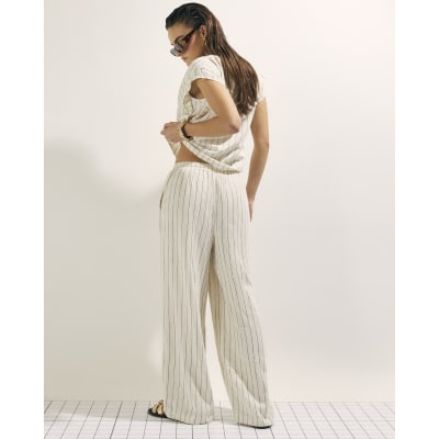 Cream Linen Blend Striped Drawstring Trousers
