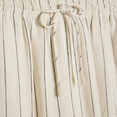 Cream Linen Blend Striped Drawstring Trousers