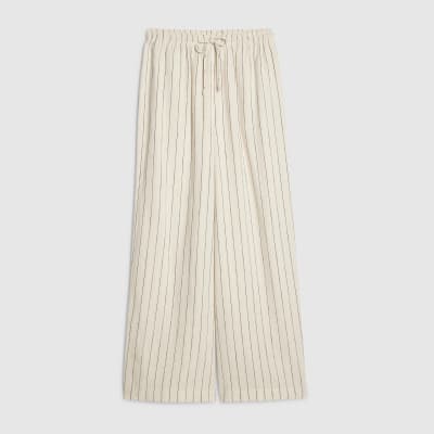 Cream Linen Blend Striped Drawstring Trousers
