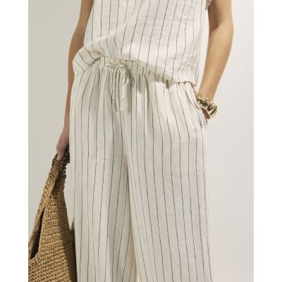 Cream Linen Blend Striped Drawstring Trousers