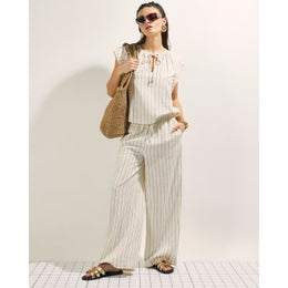 Cream Linen Blend Striped Drawstring Trousers