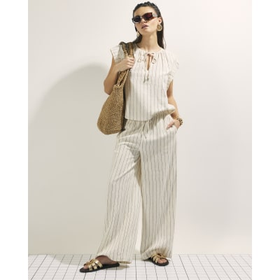 Cream Linen Blend Striped Drawstring Trousers