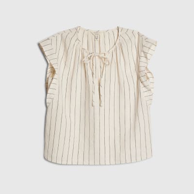 Cream Linen Blend Striped Tie Neck Top