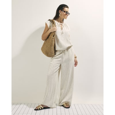 Cream Linen Blend Striped Tie Neck Top