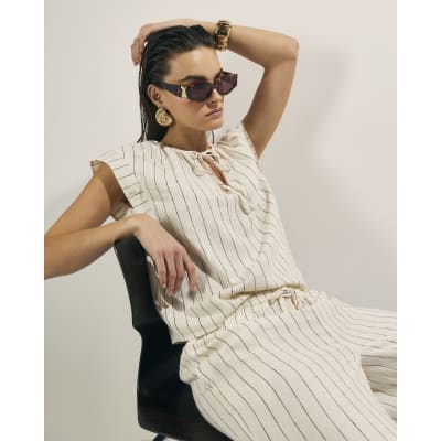 Cream Linen Blend Striped Tie Neck Top