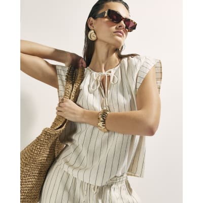 Cream Linen Blend Striped Tie Neck Top