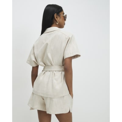 Cream Linen Look Collared Belted Top