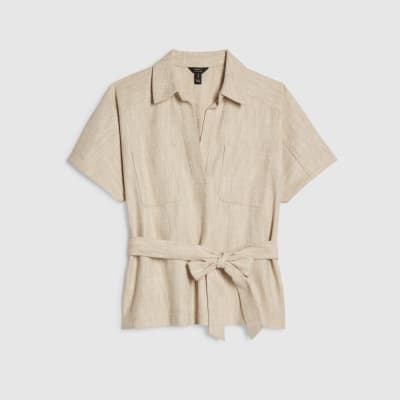 Cream Linen Look Collared Belted Top