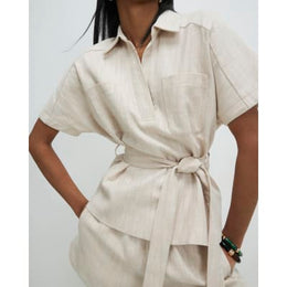 Cream Linen Look Collared Belted Top