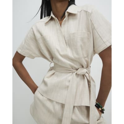 Cream Linen Look Collared Belted Top
