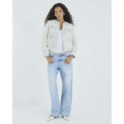 Cream Long Sleeve Denim Boucle Mix Jacket