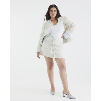 Cream Long Sleeve Denim Boucle Mix Jacket
