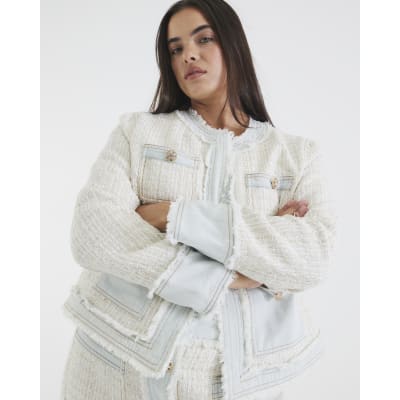 Cream Long Sleeve Denim Boucle Mix Jacket