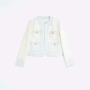 Cream Long Sleeve Denim Boucle Mix Jacket