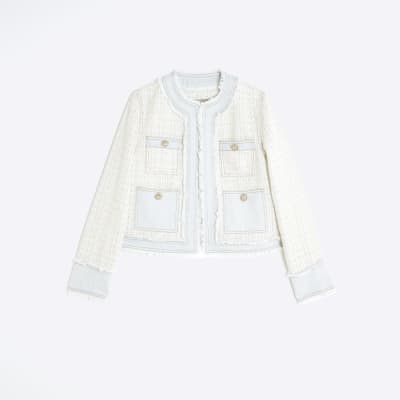 Cream Long Sleeve Denim Boucle Mix Jacket