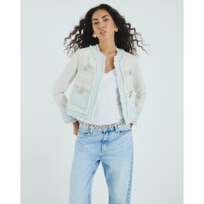 Cream Long Sleeve Denim Boucle Mix Jacket