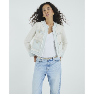Cream Long Sleeve Denim Boucle Mix Jacket