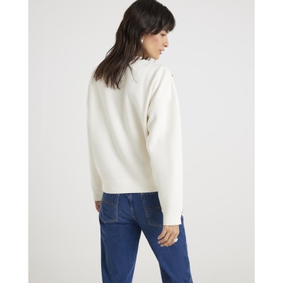 Cream Long Sleeve Embellished Sweatshirt