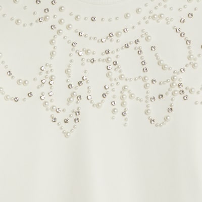 Cream Long Sleeve Embellished Sweatshirt