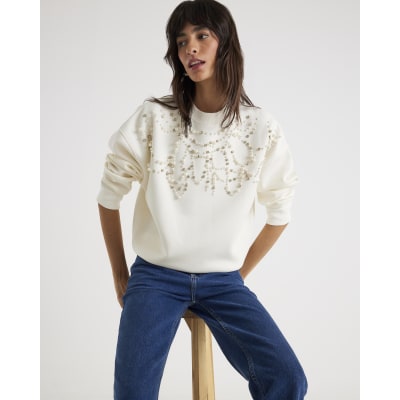 Cream Long Sleeve Embellished Sweatshirt