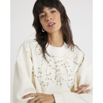 Cream Long Sleeve Embellished Sweatshirt