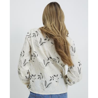 Cream Long Sleeve Embroidered Blouse