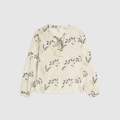 Cream Long Sleeve Embroidered Blouse