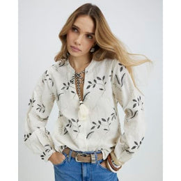 Cream Long Sleeve Embroidered Blouse