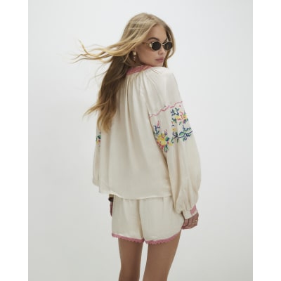 Cream Long Sleeve Embroidered Blouse