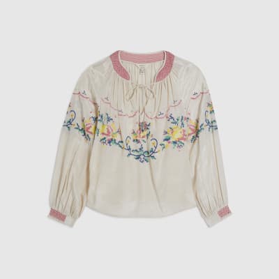 Cream Long Sleeve Embroidered Blouse