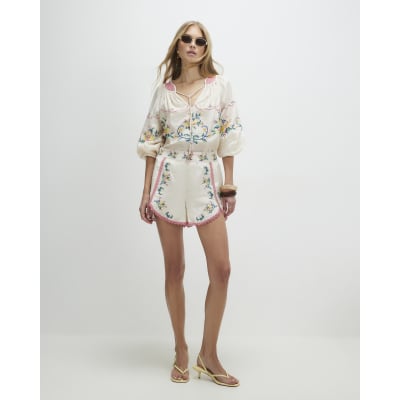 Cream Long Sleeve Embroidered Blouse