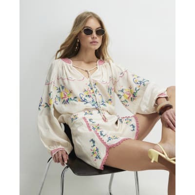 Cream Long Sleeve Embroidered Blouse